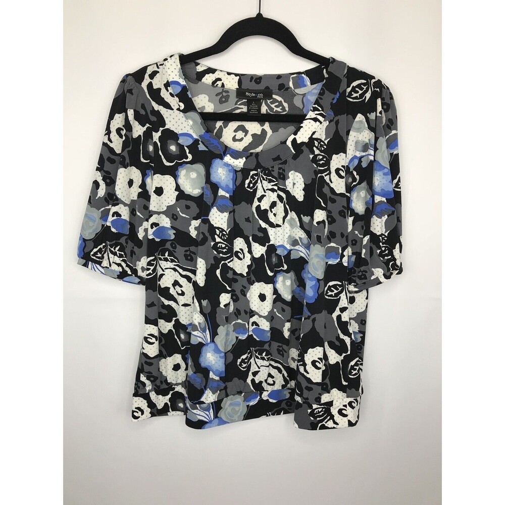Style & Co Womens Large Petite Top Short Sleeve Floral Print Stretch